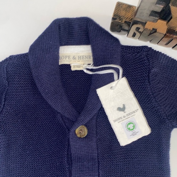 🆕HOPE & HENRY Infant Organic Navy Shawl Collar/Elbow Patches Cardigan Sweater - Picture 2 of 10